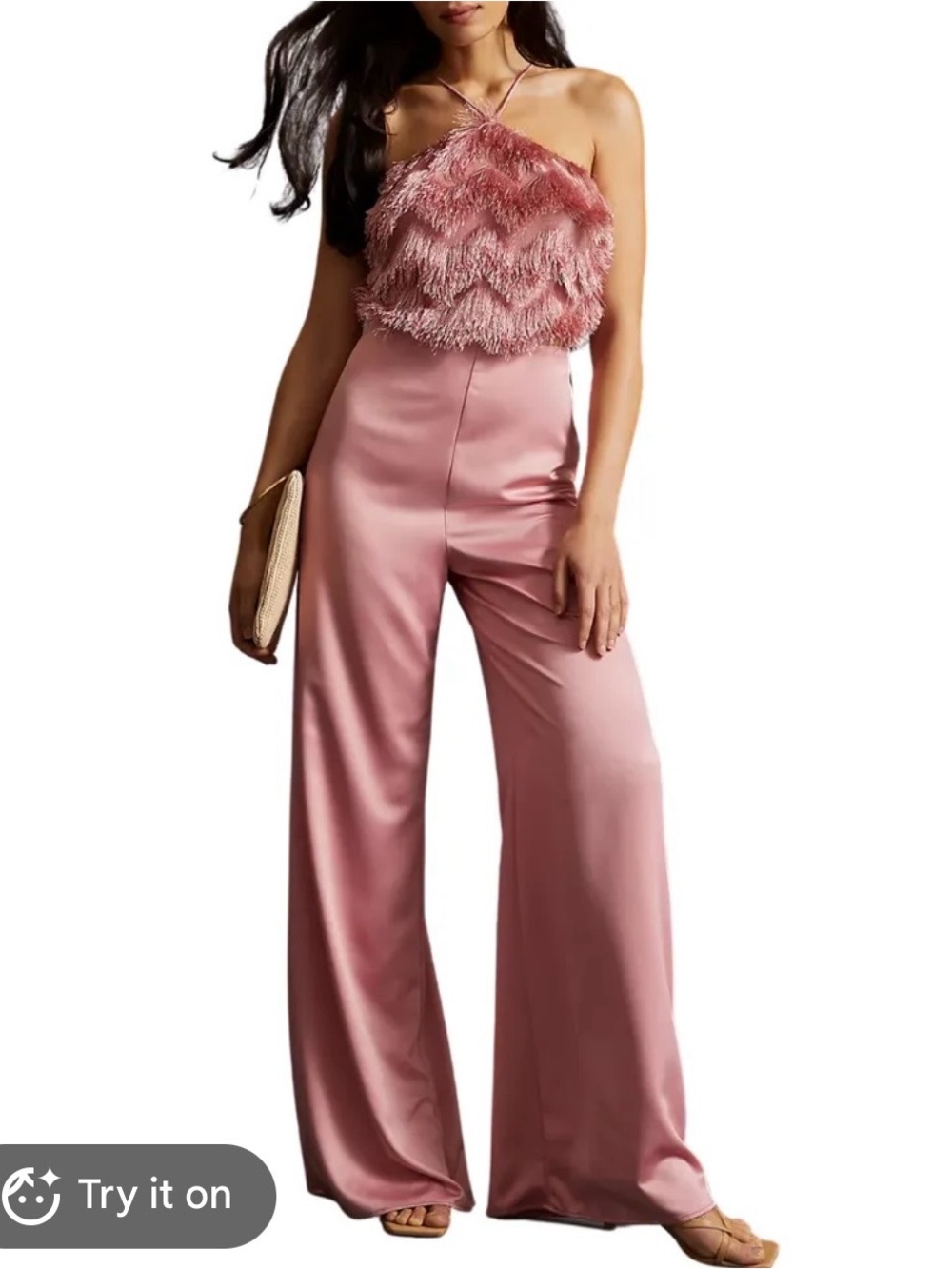 Anthropologie Rose Pink Fringe Halter Satin Wide-Leg Jumpsuit hutch size 4 new n